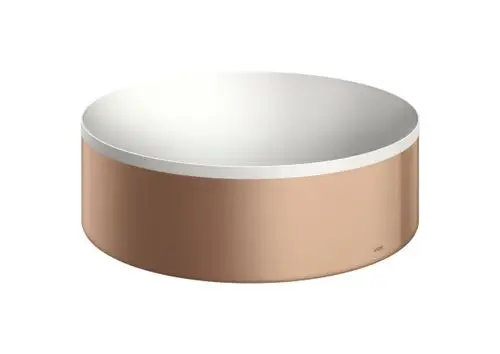 Waschtisch mit runder Form und einer Innenfläche in Weiß. Die Außenseite ist in gebürstetem Rotgold gehalten. Design von AXOR, ohne Hahnloch und Überlauf.